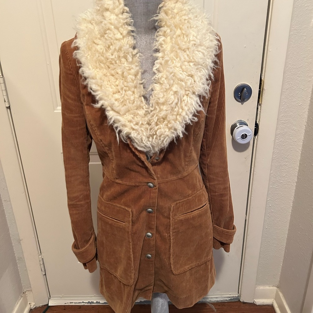 Free People Women's Brown Corduroy Coat with Cream Faux Fur Collar